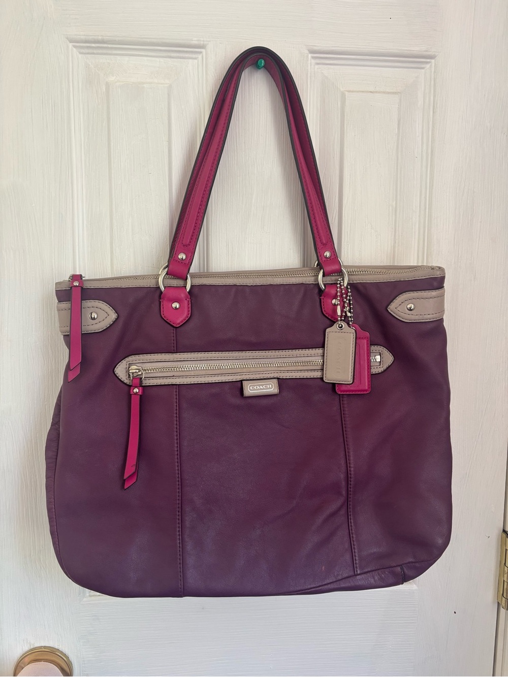Coach Plum Leather Tote with Pink Accents